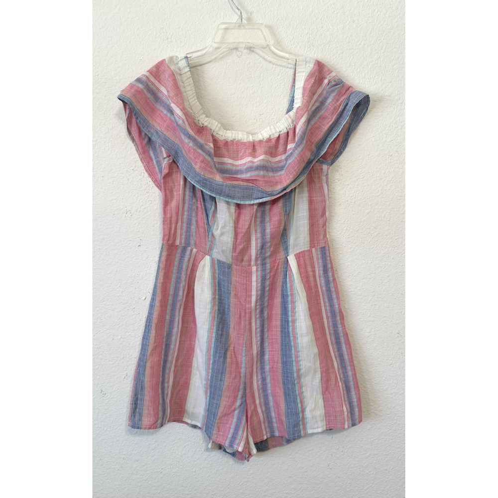 Entro Women's Off Shoulder Striped‎ Romper Pink Blue White Size Large